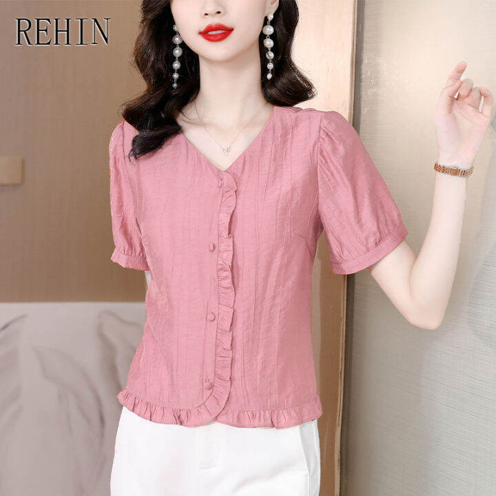 rehin-เสื้อสตรีฤดูร้อนใหม่พลัสขนาดเสื้อแขนสั้นผ้าฝ้ายและผ้าลินิน-ruffle-v-คอเสื้อระบายอากาศ