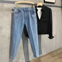 ●□✔ Denim pants mens straight leg nine-point pants loose Korean version of the trend spring and summer mens casual pants tide brand Hong Kong style ruffian handsome