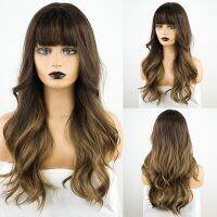 Long Wavy Omber Brown Blonde Synthetic Wigs for Black Women Afro Natural Cosplay Daily Wigs with Bangs Heat Resistant Fake Hair