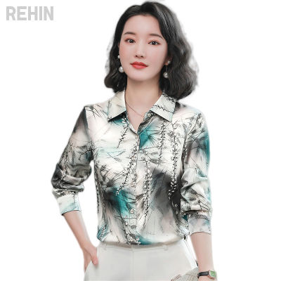 REHIN เสื้อชีฟองแขนยาวแฟชั่นย้อนยุค,เสื้อสตรีผ้าไหมมัลเบอร์รีย้อนยุคพิมพ์ลายเสื้อฤดูใบไม้ร่วง2021