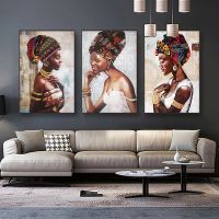 African Women Traditional Dress Wall Art Canvas Painting Headgear Girl Poster and Print Picture for Living Room Home Decor