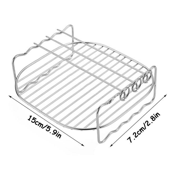 ชั้นวางสองชั้นสแตนเลสหม้อทอดลมตะแกรงปิ้งตะแกรงย่างกลมอเนกประสงค์พร้อมไม้เสียบถาดอบขนมที่วางหม้อทอดอากาศ