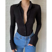 2022 Spring Black Shirt Chic Polo Collar Knitted Basic Cardigan Long Sleeve T-Shirts Fashion Woman Blouses Slim Top Mujer Stitch