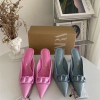 2022 Autumn ZARAˉ New Womens Shoes Pointed High Heel Baotou Chain Decorated with Lacquer Leather Back Idle Muller Shoes