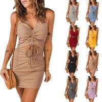 Womens Wear 2022 Summer Thin and Sexy Short Lace-up Front Ruffle Hollow Body-fitting Bodysuit Dress ❤