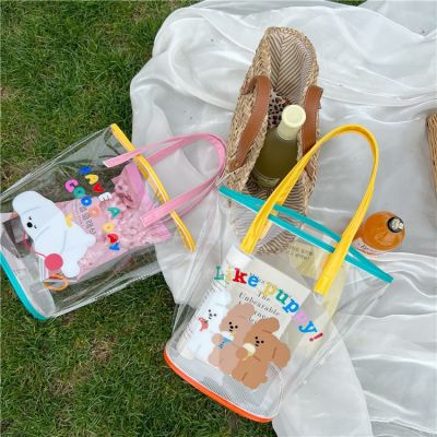 ❂❀❁ Original Cute Cartoon Bear Transparent Jelly Bag Waterproof Handbag Beach Bag Student Going Out Mummy Bag