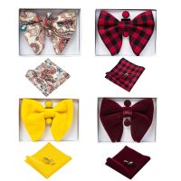 ☬✌ Ricnais Velvet Big Bow Tie Men 39;s Bowties Pocket Square Cufflinks Set Solid Red Blue Handkerchief Necktie For Man Wedding Gift