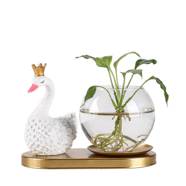 strongwell-home-decoration-crafts-modern-flamingo-ornament-with-glass-hydroponics-resin-flower-vase-green-plants-container