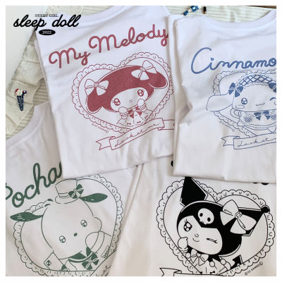 เสื้อยืดคอกลมพิมพ์ลายตัวอักษรน่ารัก 3lio สี่สี Cinnamoroll Kuromi My Melody Pochacco