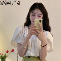 WAKUTA ฝรั่งเศสหวานสง่างามเย็บปักถักร้อยดอกไม้สีขาวพืชเสื้อลูกไม้ยิงแขนดีไซน์เกาหลีวินเทจหลวมสแควร์คอท็อปส์