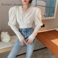 2021 Autumn Winter New Arrival Lace patchwork bubble sleeve slim body versatile V-neck long sleeve shirt womens bottom top