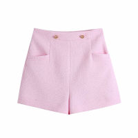 2021 Women Vintage With Double Buttons Plaid Tweed Shorts Fashion Spring Pocket High Waist Side Zipper Female Skort Mujer