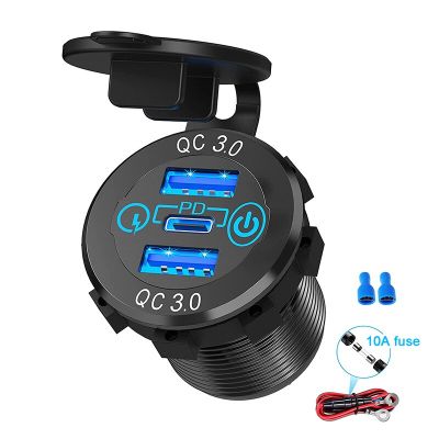 12V/24V Triple Aluminum Metal 60W USB-C Multiple Car Charger Socket PD3.0 &amp; Two QC3.0 Ports with Touch Switch Fast Car Adapter Cables Converters