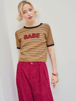 Cider Babe Round Neck Striped Contrasting Binding Knitted Short Sleeve Tee