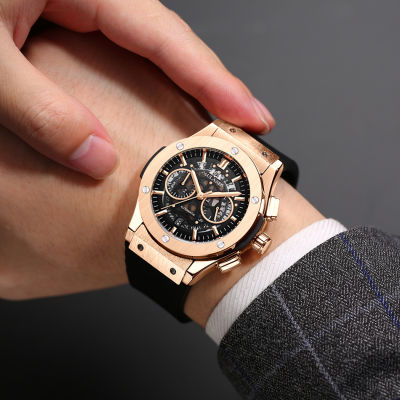 Men Chronograph Skeleton Automatic See Through Style Luxury Rose Gold Silver Black Titanium Style Rubber Fashion Quartz Watch