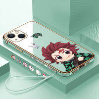 เคสสำหรับ Apple โทรศัพท์ iPhone 15 Plus 15 Pro 15 Pro Max ฟรีสายคล้องการ์ตูนอนิเมะ Demon Slayer Tanjiriu เคสขอบสี่เหลี่ยมชุบเคสโทรศัพท์หรูหราชุบเคสโทรศัพท์นิ่ม