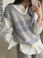 Colorfaith 2022 New Sleeveless Vest Waistcoat Checkered Oversized Winter Spring Women Sweaters Pullovers Knitwear Tops SWV18309