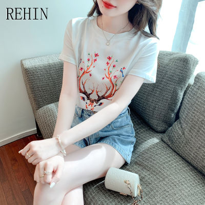 REHIN เสื้อยืดแขนสั้นผ้าซาตินคอกลมเสื้อแบบหลวมใหม่แฟชั่นสไตล์เกาหลีสำหรับผู้หญิง,เสื้อยืดลำลองฤดูร้อน