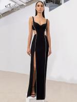 【YF】 Ailigou 2023 Womens Sexy V-neck Sleeveless Hollow out Black Diamond Split Length Bandage Dress Elegant Celebrity Party