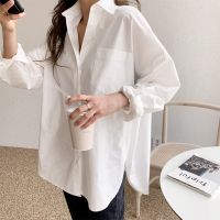 COD dhdfxcz White Blouse for Women Long Sleeve Loose Split Hem Tops S-XXXL Plus Size Korean Shirt Casual / Office