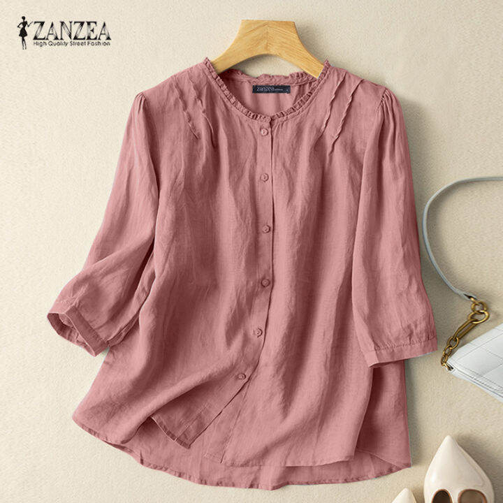 สินค้ามาใหม่-จัดส่งฟรี-fancystyle-zanzea-เสื้อลูกไม้ลำลองของผู้หญิงเสื้อคอกลมวินเทจหลวมติดกระดุมเสื้อลงมา-2