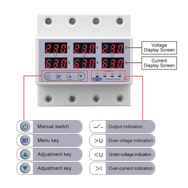 tomzn-din-rail-3-phase-voltage-relay-3p-n-voltmeter-ammeter-over-and-under-voltage-monitor-relays-protector-63a-230v-with-n