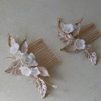 2021Bridal Comb Hair Piece Ceramic Floral Wedding Accessories Gold Leaf Women Hairpins Jewelry