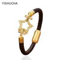 YISHUCHA Korean New Luxury Crystal Star Cubic Zirconia Pendant Bracelet Women Brown Leather Chain Rhinestone Bangle Jewelry