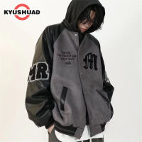 KYUSHUAD แจ็กเก็ตคู่ปักเครื่องแบบเบสบอลหนังนิ่มสีตัดกันอเมริกาแบบย้อนยุคของผู้ชาย