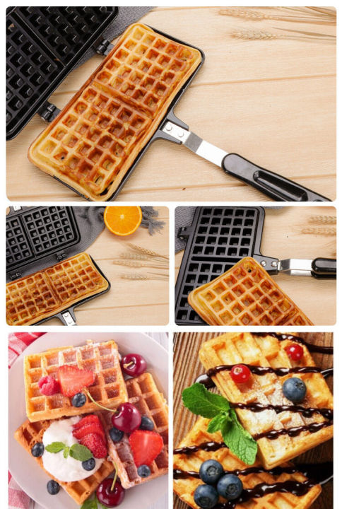 กระทะทำวาฟเฟิล-ขนมปัง-สี่เหลี่ยม-ที่จับด้านยาว-waffle-iron-waffle-maker-สองหัวสแควร์ไม่จุ่ม-huafu-เค้กแม่พิมพ์แผ่นอบ