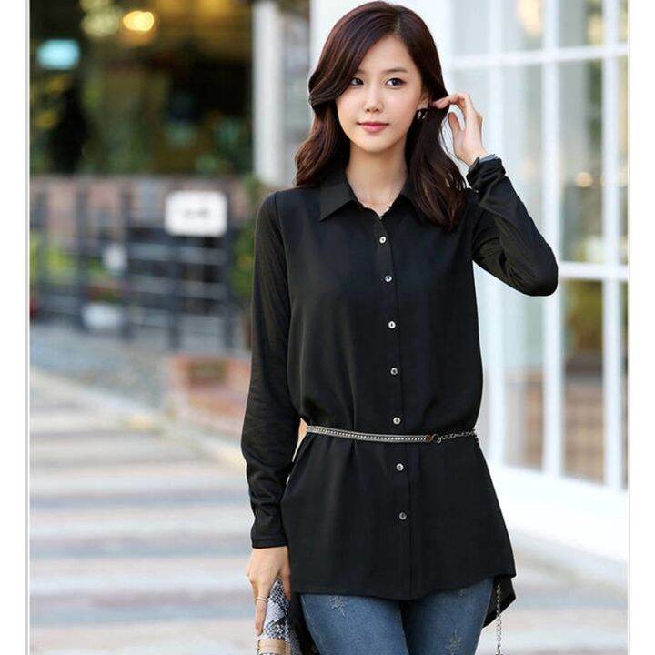 womens-blouses-korean-chiffon-black-shirt-long-sleeve-long-casual-pajamas-tops