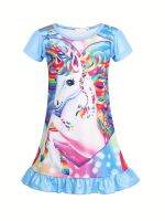 Unicorn Print Nightdress Short Sleeve Ruffle Hem Nightgowns Sleepwear Pajama Dresses Summer Clothes