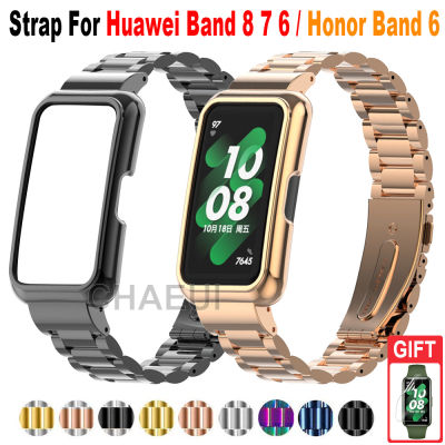 สายสแตนเลสพร้อมเคสโลหะสำหรับ Huawei Band 8 7 6 สาย/Honor Band 6 สายนาฬิกา สายนาฬิกา สายนาฬิกา