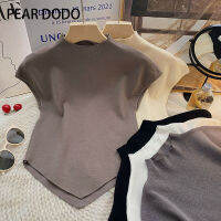 PEAR DODO เสื้อคอสูงครึ่งตัวสำหรับผู้หญิงเสื้อถักนิตติ้งแขนสั้นแบบเกาหลี