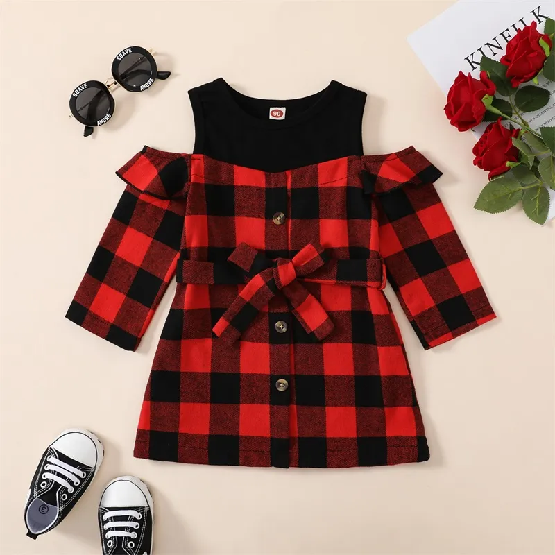 beautywoo】1-6Y Kids Girls Red Plaid Dress Baby Autumn Clothing