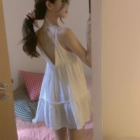 Halter Sleepdress ผู้หญิงฤดูร้อน 2023 ศาลใหม่สไตล์สเก็ตผ้าไหมชุดนอนบางหวานเจ้าหญิงสไตล์บ้านสวมใส่