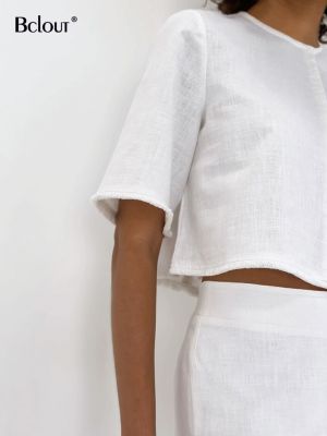 2023New ชุดกระโปรงสีขาวผ้าลินินผู้หญิง2ชิ้นเสื้อคอกลมแขนสั้นสง่างามชุดแฟชั่นกระโปรงทรงตรงเอวสูง
