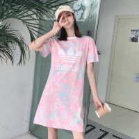 ๑™▬ Korean Version Clothing University T Fashion Casual Mid-Length Short-Sleeved T-Shirt Womens Dress Tie-Dye Printed Clover Loose All-Match Influencer ins