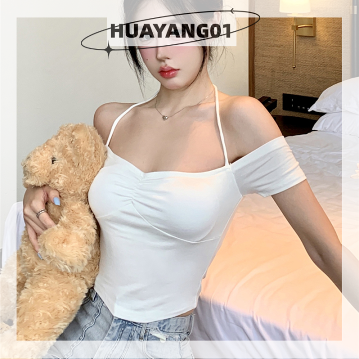 huayang01-2023แฟชั่นสุดฮอตสำหรับผู้หญิง-เสื้อยืดแขนสั้นสุดเซ็กซี่เสื้อคล้องคอปิดไหล่เสื้อครอปทรงสลิมสีทึบ