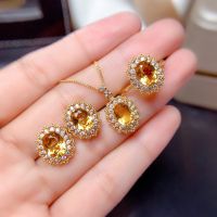 Luxurious Delicate Yellow Crystal Tourmaline Necklace Earrings Ring 3 Pieces Set Classic Wedding Banquet Zircon Jewelry Set gift 【BYUE】