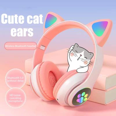 ZZOOI LED Cute Cat Ears Headphones Bluetooth Wireless Headset with Mic TF FM Kid Girl Stereo Music Earbud Kitten Earphone Gift