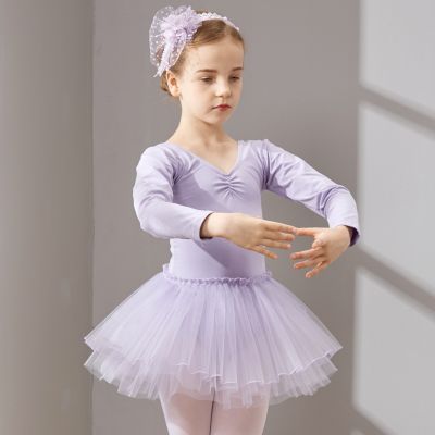 Long Sleeve Dance Dress for Girls Cotton Ballet Dancewear with TulleToddler Ballet Dress Kids Tutu Dress Kids Dance Skirts