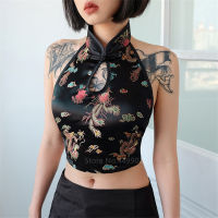 【CW】Sexy Woman Cheongsam Tops Chinese Traditional Dragon Embroidery Backless Halter Vintage Party Wrap Crop Top Vest Oriental Qipao