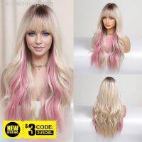 Blonde Unicorn Synthetic Ombre Brown Mixed Pink Blond Long Wavy Wigs with Bangs Cosplay Party UseHeat Resistant Fiber for Women [ Hot sell ] TOY CENTER