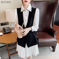 Women Long Shirt Dress Two Piece Set New Spring White Blouses Pleated Dress and Black Vest Coat 2pcs Outfits