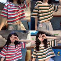 (พร้อมส่ง) เสื้อยืด ขอกลมลายทางขวาง สีสันสดใส เหมือนแบบแปะราคาถูกๆ