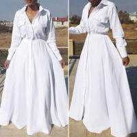 Plus Size Women Maxi Dress VONDA  Spring Pleated Casual Turn Down Collar Button Up Shirt Dresses Retro Bohemian Vestidos