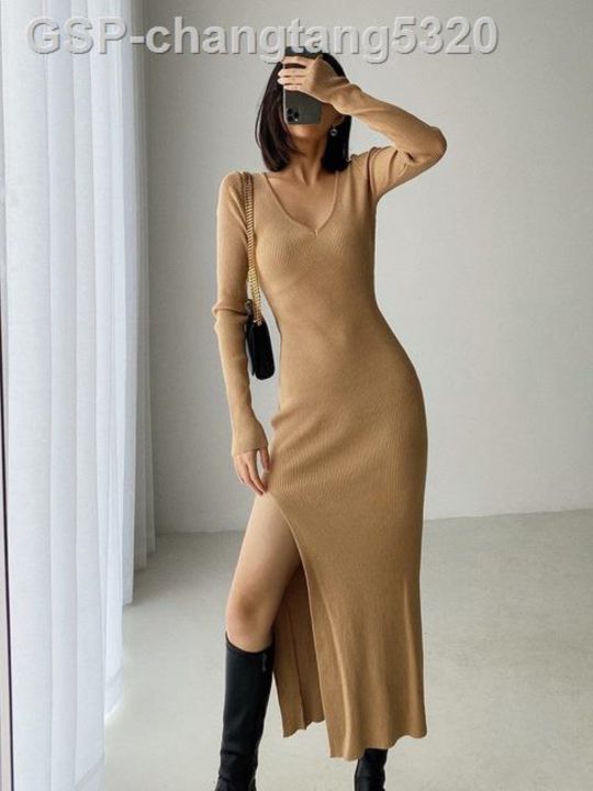 2023-hotคิวแขนยาว-midi-ผู้หญิงคอวีถักชุดบอดี้คอนผ่าสูง-y2k-แฟชั่น