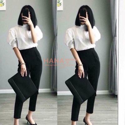 Womens High-Waisted Elastic Pants With Side Zipper - Black - Soft Thick Fabric - Office Shirt To School