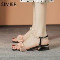 【Ready】? Smir sandals womens mid-heel 2023 summer new all-match one-word buckle fairy style chunky heel pearl temperament high heels